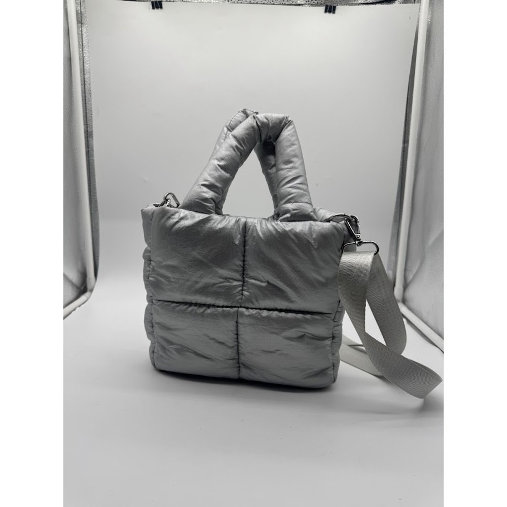 Silence + Noise Silver Puffer Crossbody Tote Bag Quilted Metallic Shoulder Bag